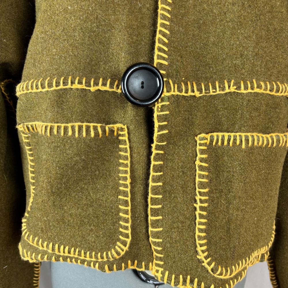 Handcrafted Olive Green Wool Hooded Cropped Bog Jacket with Yellow Stitching | L - Picture 7 of 16